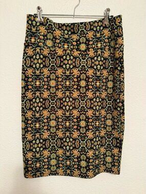 Size L LuLaRoe Black Pencil Skirt with Gold and Green Floral Mosaic